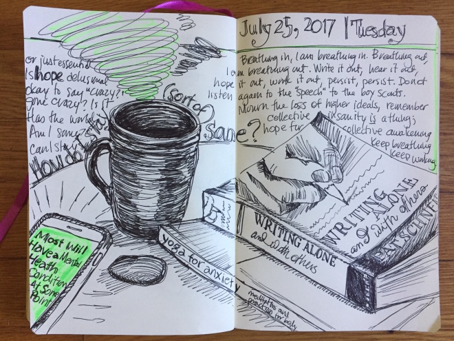 a sketch of a coffee cup, books, worry stone and iphone