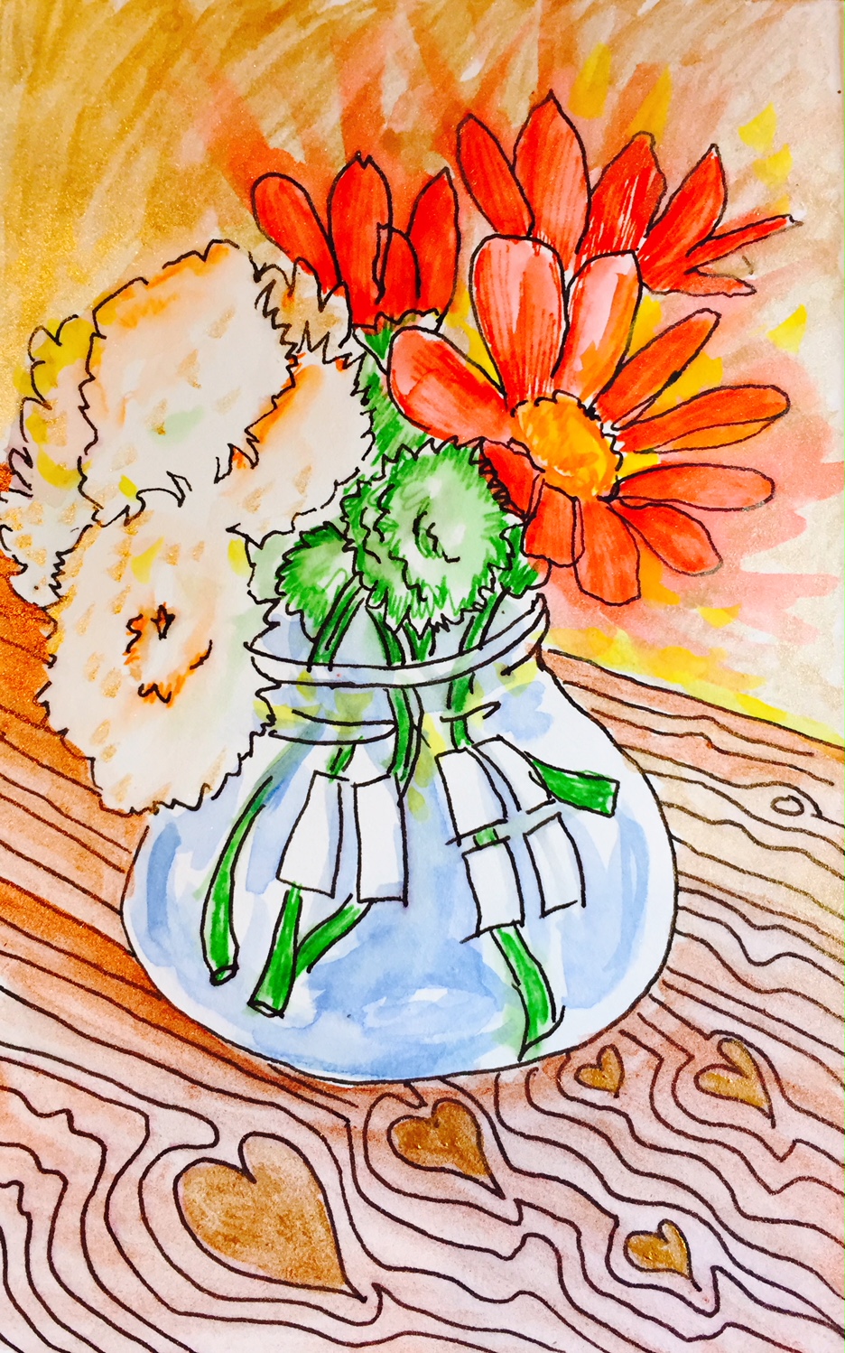 painting of flowers in vase with hearts on the table