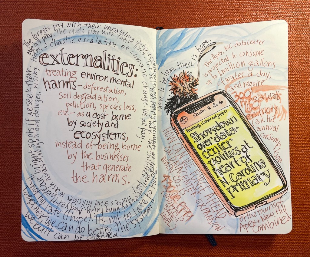 Sketchbook page discussing the economic term "externality" and how it directly relates to climate.